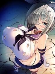 black_panties blue_eyes breasts collar cosplay crop_top crossover elbow_gloves glasses gloves hair_ornament hair_over_one_eye hairband hairclip hamakaze_(kantai_collection) highleg highleg_panties highres kantai_collection large_breasts microskirt open_mouth panties pleated_skirt sailor_collar shimakaze_(kantai_collection)_(cosplay) short_hair silver_hair skirt striped striped_legwear thong thong_above_skirt torisan underwear white_gloves