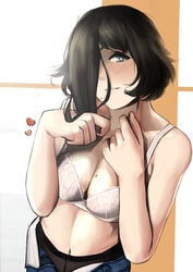 1girls black_hair blue_eyes bra breasts embarrassed fringe hair_over_one_eye heterochromia kamura_(rain_prophet) medium_breasts mole mole_on_breast pale-skinned_female pants_down petite rain_prophet removing_clothing seductive_look short_hair shy undressing