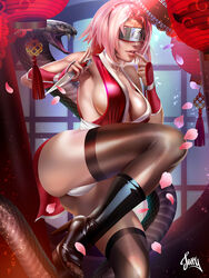 1animal 1girls akatsuki_(naruto) alternate_breast_size alternate_costume arm_guards armpits artist_name bangs bare_arms bare_shoulders big_breasts blindfold boots breasts cherry_blossoms clothing colored_nails covered_eyes feet female female_focus female_only fighting_stance finger_to_mouth forehead_protector headband heel_boots hi_res holding_object holding_weapon human jerry_sbk kimono knee_boots konohagakure_symbol kunai kunoichi leg_lift legwear lipstick logo makeup nail_polish naruto naruto_(series) naruto_shippuden no_bra open_toe_shoes panties parted_lips pink_hair pink_lips raised_leg reptilian revealing_clothes sakura_haruno sash shiny shiny_hair shiny_skin short_hair short_kimono skindentation sleeveless snake solo solo_focus stockings toes watermark weapon