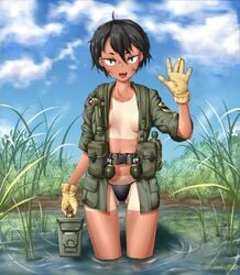 bikini bikini_bottom black_bikini black_eyes black_hair blue_sky breasts cloud collarbone day explosive female gloves green_shirt grenade hitch_(hitch_driessen/perotoss400/kirochef) oerba_yun_fang open_clothes open_shirt original outdoors shirt short_hair sky smaller_male solo swimsuit tan tanline tomboy vietnam_war wading_pool yellow_gloves