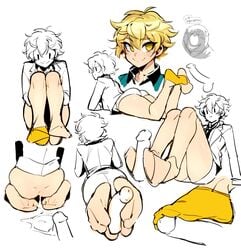 1boy absurdres anal anal_penetration anal_sex ankle_socks anklehighs ashikaga_hyouta bishonen bishounen_(series) bishounen_tanteidan blazer blonde_hair bottomless dick doppel doppel_(bonnypir) footjob gay green_jacket highres jacket legs lying male_focus mob_face on_stomach penis school_uniform short_shorts shorts single_sock sitting socks symbol_commentary yaoi yellow_eyes yellow_legwear yellow_socks yubiwa_high_school_uniform |_|