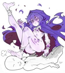 1boy 1girls anon ass blush bottomless buublybutt cape faceless_male feet female flat_chest lich_(monster_girl_encyclopedia) male/female monster_girl monster_girl_encyclopedia pout purple_eyes purple_hair purple_skin pussy skull small_breasts soles straight