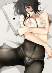 black_hair blue_eyes bra breast_hold fringe hair_over_one_eye heterochromia kamura_(rain_prophet) mole nipples pale-skinned_female pantsu pantyhose petite rain_prophet seductive_look see_through short_hair shy spread_legs thick_thighs