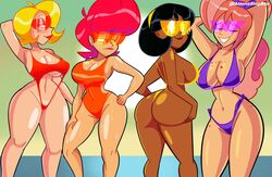 4girls alison_rose artist_name ass atomickingboo back back_view big_ass big_breasts big_butt bikini blonde_hair breasts bubble_ass bubble_butt dark-skinned_female dark_skin fat_ass fat_butt female female_focus female_only freckles hips human large_ass large_breasts large_butt looking_at_viewer looking_back looking_over_eyewear looking_over_glasses looking_over_sunglasses macy_atomix magnolia_rogers mindi_tygerson multiple_girls one-piece_swimsuit orange-tinted_eyewear original original_character purple-tinted_eyewear red-tinted_eyewear red_hair sunglasses swimsuit swimwear the_space_angels thick thick_ass thick_legs thick_thighs tinted_eyewear voluptuous wide_hips yellow-tinted_eyewear