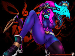 1girls akali belt female female_only fingerless_gloves full_color k/da_akali k/da_series league_of_legends looking_at_viewer mask neon pussy shaved_pussy single_glove solo solo_female thalia_(artist) thighhighs url watermark weapon yellow_eyes