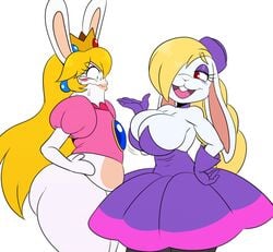 2girls anthro butt hariet_(mario) mario_(series) mario_+_rabbids mario_+_rabbids:_kingdom_battle multiple_girls navel nintendo no_pants princess_peach_(cosplay) rabbid rabbid_peach rabbit raving_rabbids sssonic2 super_mario_odyssey white_background wide_hips