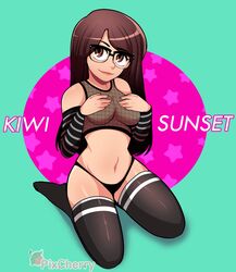 1girls armwear black_armwear black_legwear black_panties black_stockings brown_eyes brown_hair cherrypix covered_nipples egirl fanart female female_only fishnet_shirt fishnets glasses gradient_background instagram_model kiwi_sunset lips long_hair navel panties real_person see-through smile stockings