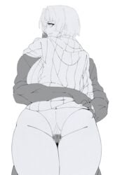 1boy animated arm_around_waist ass ass_grab breasts buckethead_ero censored commentary_request faceless faceless_male female gif greyscale highres hood hoodie huge_ass large_breasts large_penis looking_back loop manly monochrome mosaic_censoring muscular muscular_male no_pants open_mouth original panties penis short_hair simple_background sleeves_rolled_up thick_thighs thigh_sex thighs underwear white_background