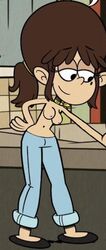 1girls accurate_art_style beauty_mark breasts brown_hair casual_nudity casual_topless clothing cropped denim edit female female_only fiona_(the_loud_house) footwear full_body half-closed_eyes indoors jeans mole mole_under_eye navel nickelodeon nipples ponytail screenshot_edit shirt shoes small_breasts smile solo straight_hair the_loud_house topless topless_female