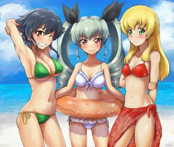 3girls anchovy beach bikini black_hair blonde_hair blush brown_eyes carpaccio drill_hair girls_und_panzer green_bikini green_eyes grey_hair long_hair only_female pepperoni_(girls_und_panzer) red_bikini red_eyes short_hair smile white_bikini