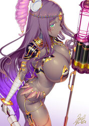 1girls 2021 artist_signature ass bandaged_arm breasts brown_skin circlet cleavage dark-skinned_female dark_skin facial_markings facing_forward fate/grand_order fate_(series) female female_focus female_only functionally_nude green_eyes hat highlights hips huge_breasts impossible_clothes lipstick long_hair looking_forward posing_with_weapon purple_hair purple_highlights revealing_clothes scheherazade_(fate) shiny_skin side_view sideboob simple_background slim_waist staff thick_thighs thighs unconventional_clothes uo_denim very_long_hair weapon white_background wide_hips