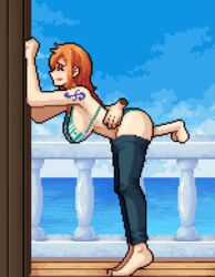 2d 2d_animation ambiguous_penetration animated barefoot bent_over bikini bikini_aside breasts disembodied_penis female from_behind_position gif james_cabello jeans male nami one_piece orange_hair pants pants_down penis pixel_animation pixel_art sex shounen_jump sprite standing standing_sex striped_bikini tattoo tiptoes