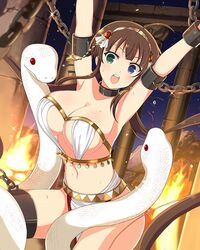 1girls 2animals ahoge armpits arms_up aroused bondage breasts breeding_slave brown_hair busty card_(medium) chained_up chains curvy deep_skin embarrassed exposed_ass feral_on_female heterochromia huge_breasts imminent_breast_sucking imminent_rape large_breasts navel no_bra nopan official_art open_mouth revealing_clothes ryoubi_(senran_kagura) senran_kagura senran_kagura_(series) senran_kagura_new_wave sex_slave sideboob skindentation slave slim snake sweat teeth thick_thighs thighs tongue twintails very_long_hair wide_hips yaegashi_nan