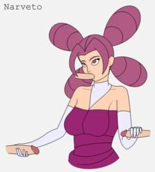 1girls blowjob double_handjob fantina_(pokemon) fellatio gym_leader handjob human melissa_(pokemon) narveto nintendo pokemon pokemon_dppt purple_hair unseen_male_face