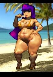 asian beach belly big_breasts bikini chubby curvy female_only food_on_breasts glitch_techs hand_on_hip high_heels ice_cream miko_kubota navel purple_hair shortstack skimpy_bikini smooth_skin thick_thighs tod0231 venus_body voluptuous wide_hips