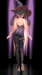 1girls 3d 9:16 animated ass back back_view female female_only from_behind genshin_impact gold_(metal) gold_heels gold_jewelry high_heels hip_sway jewelry legs leotard mona_(genshin_impact) shorter_than_10_seconds twintails vertical_video video walking wide_hips