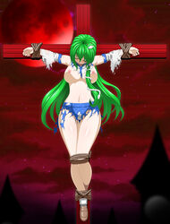 1girls arms_out blush bondage bound_ankles bound_wrists breast broken crucifixion exposed_breasts exposed_nipples eyes_closed frog frog_hair_ornament green_hair griffin_(artist) hair_ornament head_down large_breasts long_hair nipples outstretched_arms panties plump rope rope_bondage sanae_kochiya shoes shredded_clothes shreds_of_clothes sleeves thick_thighs topless torn_clothes torn_skirt torn_sleeves torn_topwear touhou upskirt white_panties