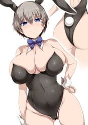 animal_ears big_ass big_breasts big_butt blue_eyes blush bowtie breasts breasts_bigger_than_head bunny_ears bunny_tail bunnysuit eyebrows_visible_through_hair female female_focus female_only grey_hair hourglass_figure large_breasts short_hair simple_background smile solo solo_female solo_focus thick_thighs tsukasawa_takamatsu uzaki-chan_wa_asobitai! uzaki_hana voluptuous white_background