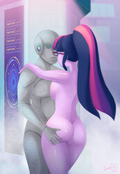 1girls android ass breast_squish breasts butt_grab commission equestria_girls female friendship_is_magic glamourpink glasses grope groping hand_on_ass hasbro hi_res highres imminent_sex kama_sutron_(oc) my_little_pony nude nude_female original_character ponytail robot sci-twi sexbot sideboob twilight_sparkle_(mlp)