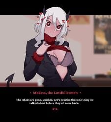 1girls blush bra demon demon_girl demon_horns demon_tail dialogue heart-shaped_pupils helltaker horns kinjero modeus_(helltaker) straight_hair tail text white_hair