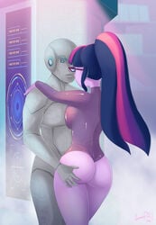 1girls android ass ass_grab breasts butt_grab commission equestria_girls female friendship_is_magic glamourpink glasses grope groping hand_on_ass hasbro hi_res highres imminent_sex kama_sutron_(oc) leotard my_little_pony ponytail robot sci-twi sexbot shiny_clothes sideboob thong_leotard twilight_sparkle_(mlp)