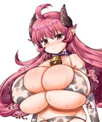 1girls age_difference ahoge big_breasts bikini collar cow_print cow_print_armwear cow_print_bikini cowbell demon demon_horns elbow_gloves eyebrows_visible_through_hair fujiyama_takashi gloves horns long_hair machikado_mazoku panties pink_hair pointy_ears red_eyes sidelocks smile solo sweat yoshida_yuuko_(machikado_mazoku)