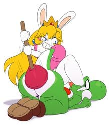 anthro ass defeated mario_(series) mario_+_rabbids mario_+_rabbids:_kingdom_battle nintendo plunger princess_peach_(cosplay) rabbid rabbid_peach rabbit raving_rabbids sssonic2 thick_thighs thighs yoshi