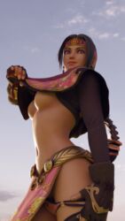 1girls 3d asian asian_female bandai braid braided_hair braided_ponytail brown_eyes brown_hair clothed female female_only light_skin long_hair looking_at_viewer medium_breasts mrstranger namco no_bra pulling_panties seong_mi-na smile soul_calibur teasing underboob undressing