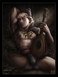 1boy arm_up armpits arms_behind_back big_bulge black_underwear blonde blonde_hair brown_eyes bulge disney frozen_(film) fur hat hay holding_object human human_only kawena kristoff_(frozen) light-skinned_male light_skin looking_at_viewer lute_(instrument) lying lying_on_back male male_nipples male_only muscles muscular muscular_male musical_instrument nipples partially_clothed pecs pectorals sitting solo solo_focus solo_male string_instrument underwear