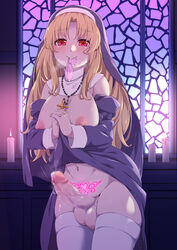 1futa balls bangs big_balls big_penis blonde_hair blush breasts censored clothed clothing condom condom_in_mouth cowboy_shot cum erection functionally_nude futa_only futanari habit hands_clasped highres human indoors kujya large_breasts light-skinned_futanari light_skin long_hair long_sleeves looking_at_viewer mosaic_censoring mouth_hold navel nipples nun original own_hands_together pale_skin parted_bangs partially_clothed penis pubic_tattoo red_eyes solo tattoo testicles thighhighs used_condom white_legwear