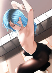 blue_hair large_areolae nipples pantyhose rain_prophet small_breasts squatting tagme thighs