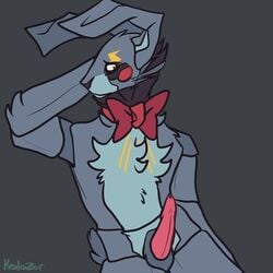 2021 animatronic anthro black_nose blue_body blue_fur blush blushed blushing bodypaint bow_tie bowtie facepaint five_nights_at_freddy's freddy_fazbear's_pizzeria_simulator fur gray_background green_eyes half-closed_eyes hand_on_head hands_behind_head hi_res kedazar long_ears looking_away machine male male_only multicolored_fur penis penis_out robot rockstar_bonnie sitting smile smiling solo solo_male video_games yiff