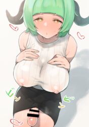 1futa areolae bar_censor bare_shoulders black_skirt blush breasts censored clothed clothing covered_nipples demon_girl eichan_(eichanidfi) erection erection_under_clothes erection_under_skirt futa_only futanari green_hair hands_on_own_chest heart highres humanoid humanoid_penis large_breasts light-skinned_futanari light_skin looking_at_viewer medium_hair miniskirt mostly_clothed nipples nose_blush orange_eyes original pale_skin pencil_skirt penis precum ribbed_sweater see-through sitting skirt solo sweat sweater torogao