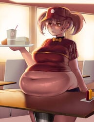 1girls bbw fast_food fat female food hataraku_maou-sama! huge_belly kipteitei large_belly large_breasts sasaki_chiho tight_clothing weight_gain