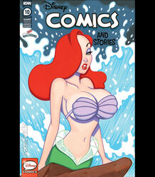 1girls ariel_(cosplay) bikini_top breasts cleavage comic_cover cosplay crossover disney eyeshadow female female_only green_eyes hair_over_one_eye half-closed_eyes hourglass_figure huge_breasts jessica_rabbit lipstick long_hair mermaid one_eye_covered red_hair scott_blair shell_bikini solo the_little_mermaid water watermark who_framed_roger_rabbit