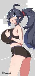 1girls 2021 @_@ ahoge ass bare_legs bare_shoulders big_ass big_breasts big_butt big_hair black_hair blue_eyes booty_shorts breasts butt female female_only game_freak hex_maniac huge_breasts human large_ass large_breasts large_butt long_hair looking_at_viewer nintendo open_mouth pokemon ponytail red_hair_band solo solo_female sports_bra toudori white_skin