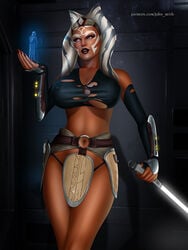 1girls ahsoka_tano big_breasts blue_eyes breasts cleavage clothed clothing curvy detailed_background female_focus female_only hi_res hologram john_reith revealing_clothes solo star_wars star_wars_rebels torn_clothes watermark wide_hips