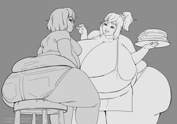 1oddbear 2girls apron ass_expansion bbw feederism feeding female_only huge_ass huge_breasts large_ass large_belly large_breasts multiple_girls mutual_female_weight_gain small_breasts tight_clothing weight_gain