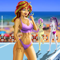 3girls abs aqua_eyes ass beach bikini blonde_hair blue_eyes cleavage embarrassed equestria_girls fit_female fluttershy_(eg) fluttershy_(mlp) friendship_is_magic humanized large_breasts long_hair multicolored_hair multiple_girls my_little_pony pink_hair ponytail purple_hair rarity_(eg) rarity_(mlp) red_hair seaside smooth_skin sunset_shimmer thecringelqrd unicorn_horn voluptuous