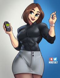 1girls big_breasts blue_eyes breasts brown_hair clothed clothing curvy female_focus female_only hi_res medium_hair muscular muscular_female nokia nokia_3310 nortuet pose revealing_clothes samsung samsung_sam simple_background smile solo watermark wide_hips