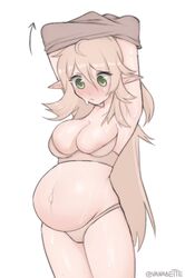 1girls blush bra breasts cleavage elf female female_only panties pregnant solo sweat vanabette