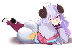 ass big_ass bubble_butt clothed clothing fully_clothed holybreen hooves horns kindred lamb_(league_of_legends) laying_down league_of_legends purple_hair seductive_smile spirit_blossom_kindred