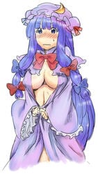 1girls blush breasts cleavage crescent crescent_hat_ornament hair_ribbon hat hat_ornament hiroya_juuren large_breasts long_hair open_clothes open_shirt patchouli_knowledge ribbon shirt solo touhou