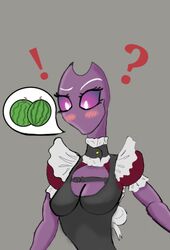 alien alien_girl blushed blushing breasts clothed clothing dee_(dtv_animation) dtv_animation female female_only looking_at_viewer maid_uniform mouthless pink_skin questioning rule_63 simple_background solo violet_eyes watermelon youtube youtuber