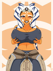 1girls ahsoka_tano big_breasts blue_eyes blush breasts cleavage clothed clothing curvy female_focus female_only hi_res looking_at_viewer nipples revealing_clothes simple_background smash-d smile solo star_wars star_wars_rebels text wide_hips wink