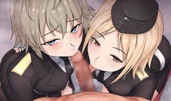 1boy 2girls :>= ass_grab bangs black_gloves blonde_hair blue_eyes brown_eyes censored collaborative_fellatio eyebrows_visible_through_hair fellatio ffm_threesome garrison_cap girls'_frontline gloves grabbing_another's_ass grey_hair groping group_sex hat highres jacket licking licking_penis looking_at_viewer military military_uniform mizukamakiri mosaic_censoring mp40_(girls'_frontline) mp41_(girls'_frontline) multiple_fellatio multiple_girls necktie oral penis pov short_hair straight teamwork threesome tongue tongue_out uniform