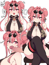 1boy arm_support arms_behind_back azur_lane bangs bare_shoulders black_legwear bra bra_peek braid braided_bun breasts bremerton_(azur_lane) bremerton_(kung_fu_cruiser)_(azur_lane) censored china_dress chinese_clothes cleavage crossed_legs double_bun dress erection eyewear_on_head female hair_between_eyes hair_intakes kumasteam large_breasts mole mole_on_breast mole_under_eye mosaic_censoring multicolored_hair official_alternate_costume open_mouth out_of_frame pelvic_curtain penis penis_on_shoulder pink_eyes sitting straight strapless strapless_bra streaked_hair thighhighs twintails underwear