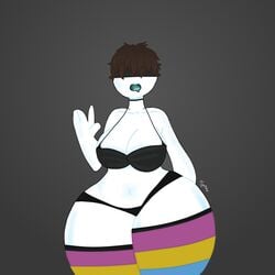 bikini blindfold brown_hair drooling gradient_background large_breasts pansexual_pride_colors signed socks thick_thighs white_skin