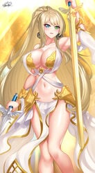 1girls absurdres armor armpits arms_up bare_legs bare_shoulders bikini_armor blonde_hair blue_eyes cleavage dual_wielding earrings female green_eyes heterochromia highres jewelry large_breasts long_hair looking_at_viewer midriff navel nez-box original pelvic_curtain ponytail revealing_clothes solo stomach sword weapon