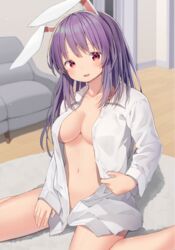 1girls animal_ears bangs blush breasts bunny_ears closed_mouth collarbone couch foot_out_of_frame indoors long_hair mamemochi medium_breasts naked_shirt navel open_clothes open_shirt purple_hair red_eyes reisen_udongein_inaba shirt sitting touhou wariza white_shirt